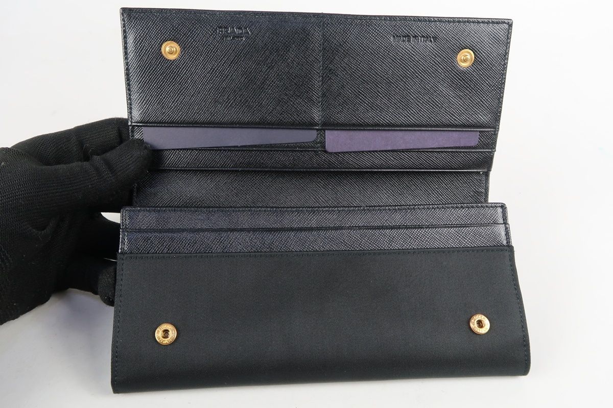 【新品同様・未使用】PRADA プラダ ナイロン×レザー 二つ折り長財布 ブラック ブランドウォレット 小物【RI33】
