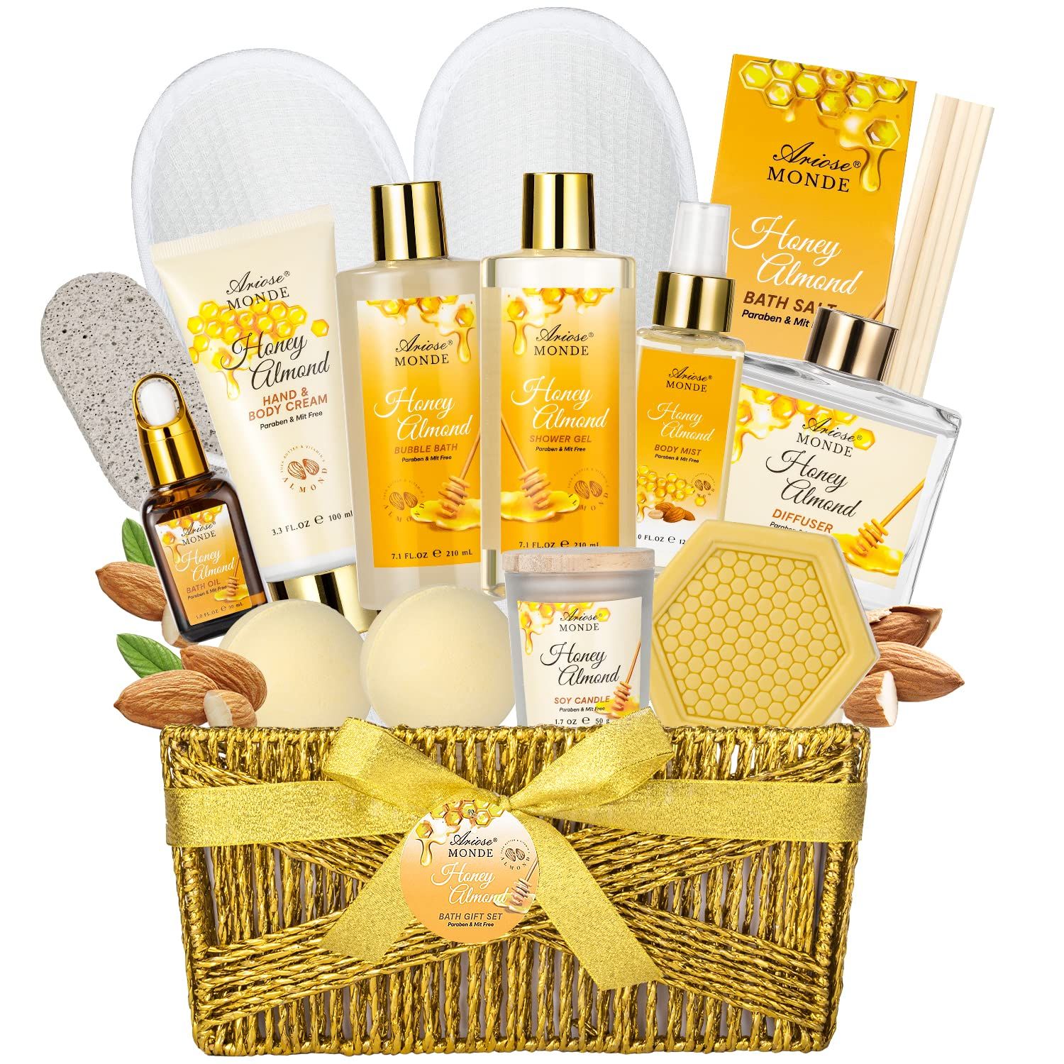 新品 Bath & Body Gift Set Luxury Home Spa Bath Gift Basket Honey Almond Scented Bath Set Pamper Gifts for Women & Teens 15 Pcs R