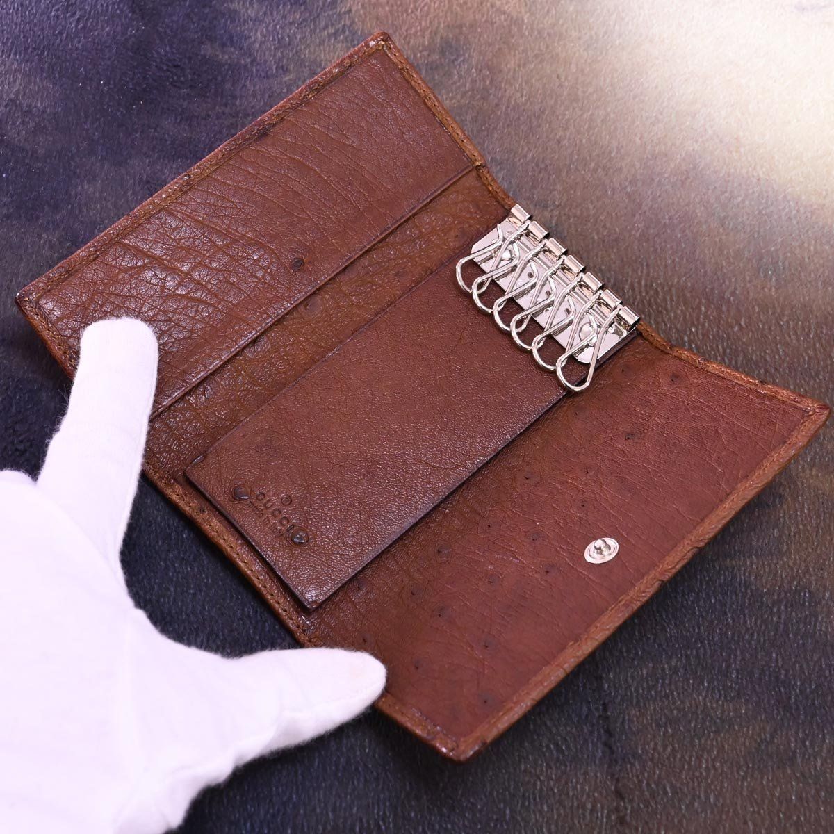 本物 新品 グッチ 極希少 ロングモデル 表裏無双仕立てオーストリッチレザー 6連キーケース ミュルティクレ GUCCI
