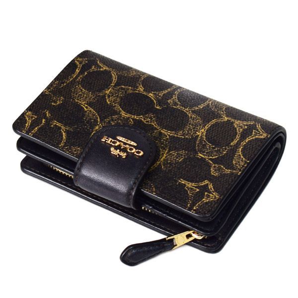 コーチ 財布 COACH コーティングキャンバス レザー シグネチャー ラブド ミディアム コーナー ジップ ウォレット 二つ折り財布 ブラウン CEC28