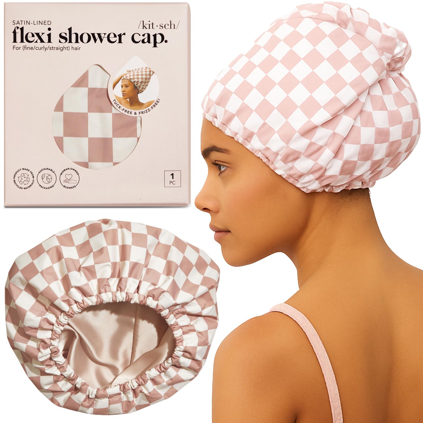 新品 Kitsch Luxury Shower Cap for Women Waterproof - Satin Lined Shower Cap | Reusable Shower Cap | Adjustable Hair Cap for Shower |