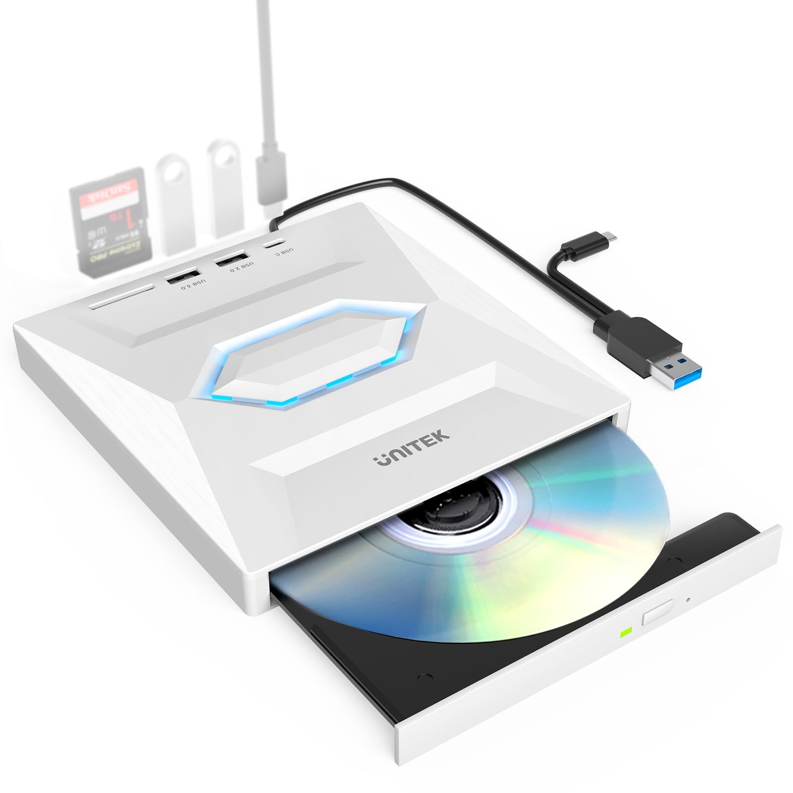 Unitek ライト点灯改良バージョン ゲーム機式 多機能 外付けCD・DVDドライブ USBハブ機能搭載 USB 3.0/Type Cポート付き ポータブルドライブ 読み込み・書き込み SDカードリーダー 【Windows 11/10/8/ b784b8df