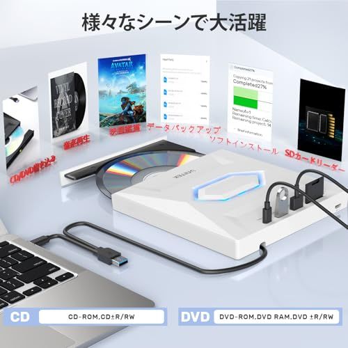 Unitek ライト点灯改良バージョン ゲーム機式 多機能 外付けCD・DVDドライブ USBハブ機能搭載 USB 3.0/Type Cポート付き ポータブルドライブ 読み込み・書き込み SDカードリーダー 【Windows 11/10/8/ b784b8df