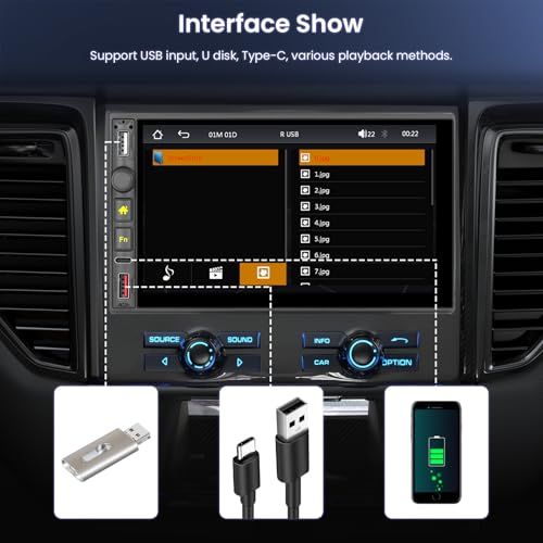 ワイヤレス CarPlay、Android Auto 1DIN カーステレオ（車載ラジオ）Hodozzy の 7 インチタッチスクリーン付き 1DIN カーラジオで、Bluetooth、FM ラジオ、ミラーリンク、USB/Type-C 入力、 820f6fab