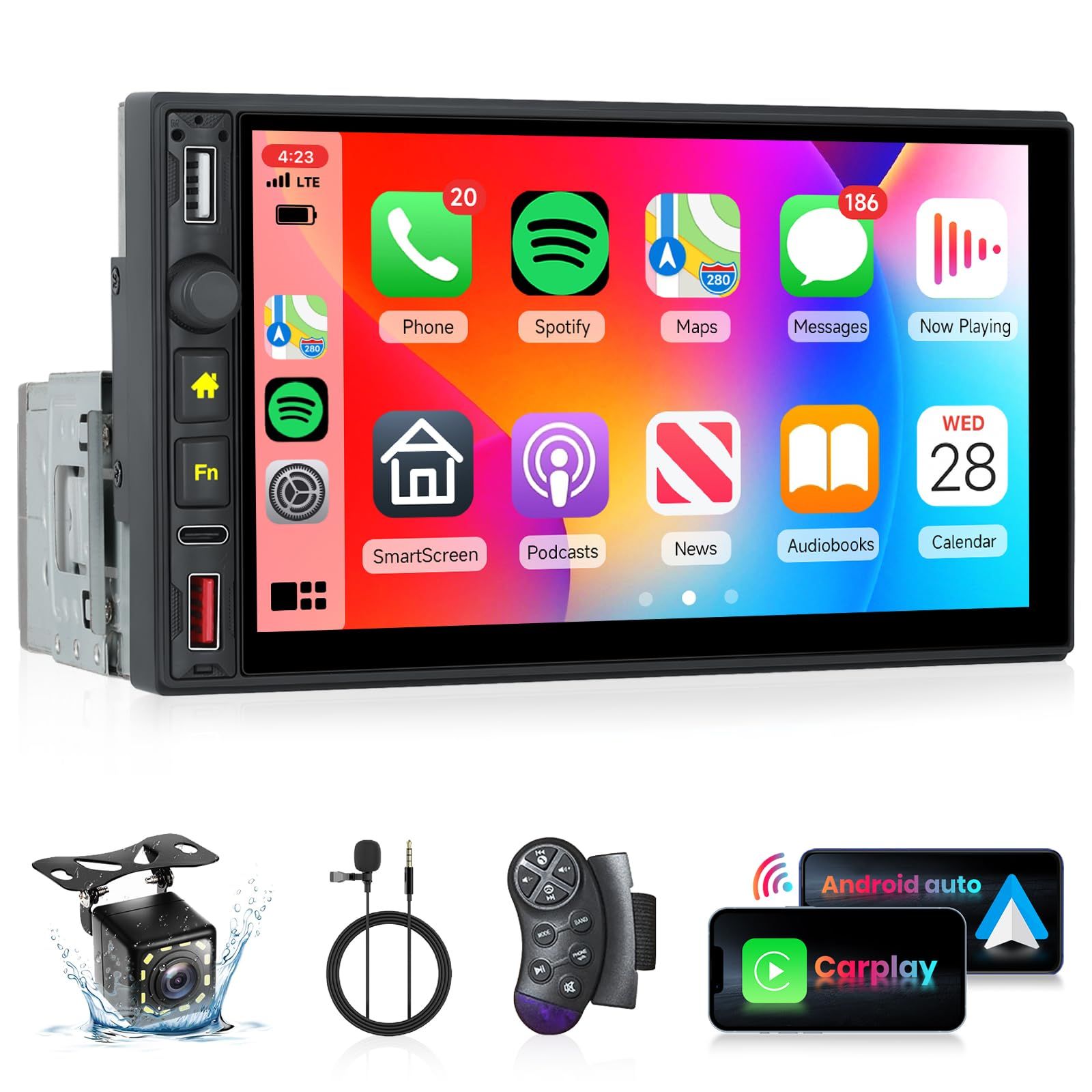 ワイヤレス CarPlay、Android Auto 1DIN カーステレオ（車載ラジオ）Hodozzy の 7 インチタッチスクリーン付き 1DIN カーラジオで、Bluetooth、FM ラジオ、ミラーリンク、USB/Type-C 入力、 820f6fab