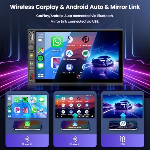 ワイヤレス CarPlay、Android Auto 1DIN カーステレオ（車載ラジオ）Hodozzy の 7 インチタッチスクリーン付き 1DIN カーラジオで、Bluetooth、FM ラジオ、ミラーリンク、USB/Type-C 入力、 820f6fab