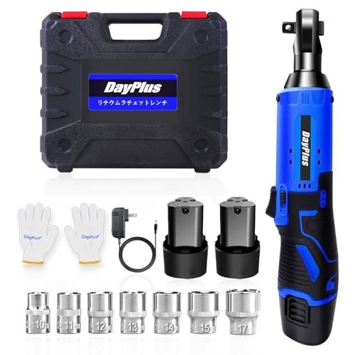 DayPlus ラチェットレンチ 電動ラチェットレンチ 電動ラチェット 12V コードレス 多機能 ソケット 最大トルク40Nm 1.5Ahバッテリー2本 正逆転両用 10/11/12/13/14/15/17mm インパクトソケット7本 車輌 55cf57b4