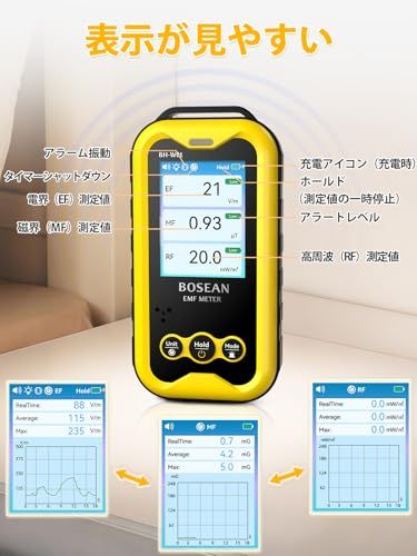 BOSEAN 電磁波測定器 高周波 電界 磁界 見やすい 即時測定 操作簡単 軽量 持ち運びやすい 充電式 警報機能付き 電磁波対策 3軸センサー Type-C充電 警告音 静音機能 耐久性 保証書付 日本語説明書 EMFメーター デジタル電 6e993309