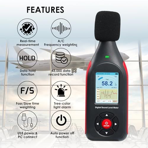 騒音計, デシベルメーターデータロガー, 騒音測定器, 高速/低速応答、43,000データレコード デシベル計, リアルタイムサンプリング、USB/PC接続、3色LEDアラームノイズリーダーwb 4facc636