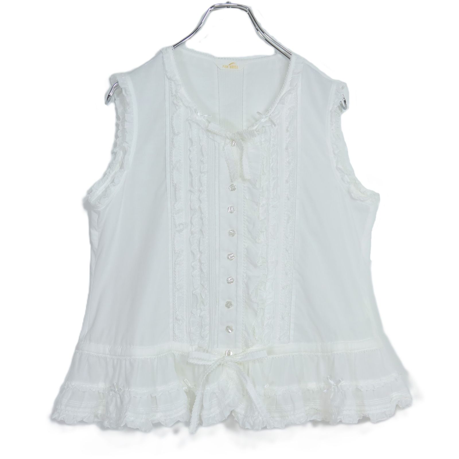 【美品】ピンクハウス★フリルたっぷり♪ブラウス 綿ローン 白系 前開き はしごレース&サテンリボン♪無地 z20052