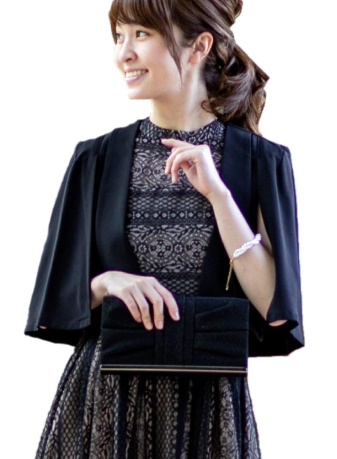 新品 [アウニイ] 結婚式 ノーカラージャケット レディース パーティー マント 袖口 ケープジャケット フォーマル 結婚式 パーティー ボレロ レディース ケープ 袖 ジャレロ カーディガン 羽織り 体型カバー 709 (ブラック XL)