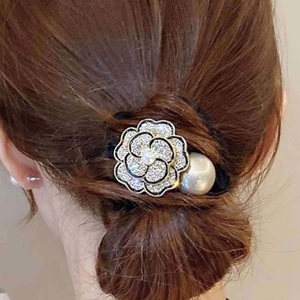 カメリア シュシュ シャネル風 ヘアゴム パヴェ パール ラインストーン