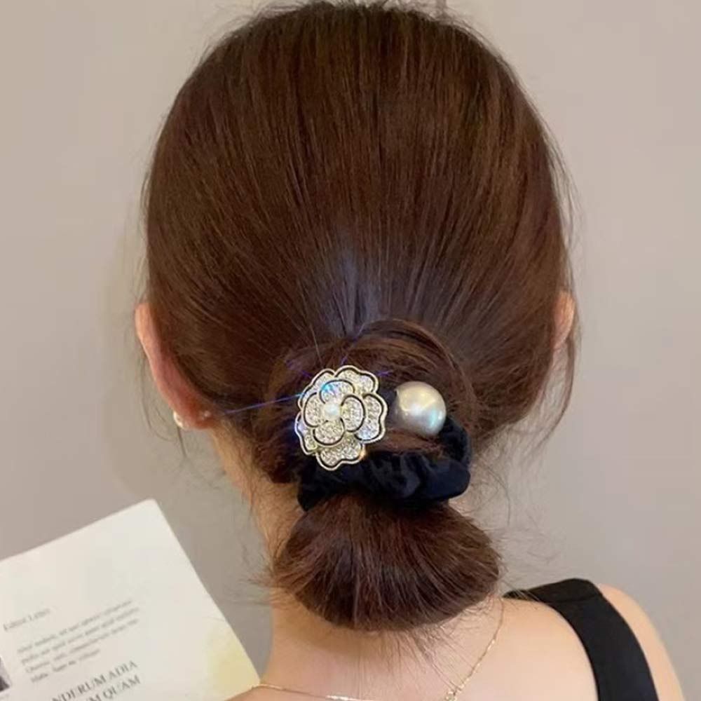 カメリア シュシュ シャネル風 ヘアゴム パヴェ パール ラインストーン