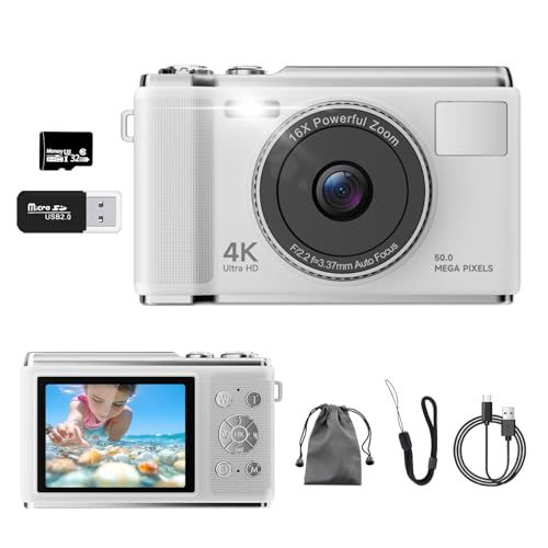 デジカメ【4K動画撮影、5000万画素】デジタルカメラ 32GB Micro SDカード付き AFオートフォーカス コンパクトカメラ 2.83インチの大画面 16倍ズーム フラッシュ 手振れ補正機能を備えています ウェブカメラ 充電式 大容量 5fb7a939