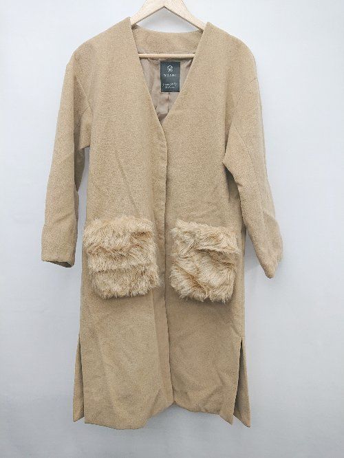 ■ w closet ダブルクローゼット 2WAY フェイクファー Vネック 長袖 ノーカラー コート サイズF ベージュ系 レディース P 【1308240011671】