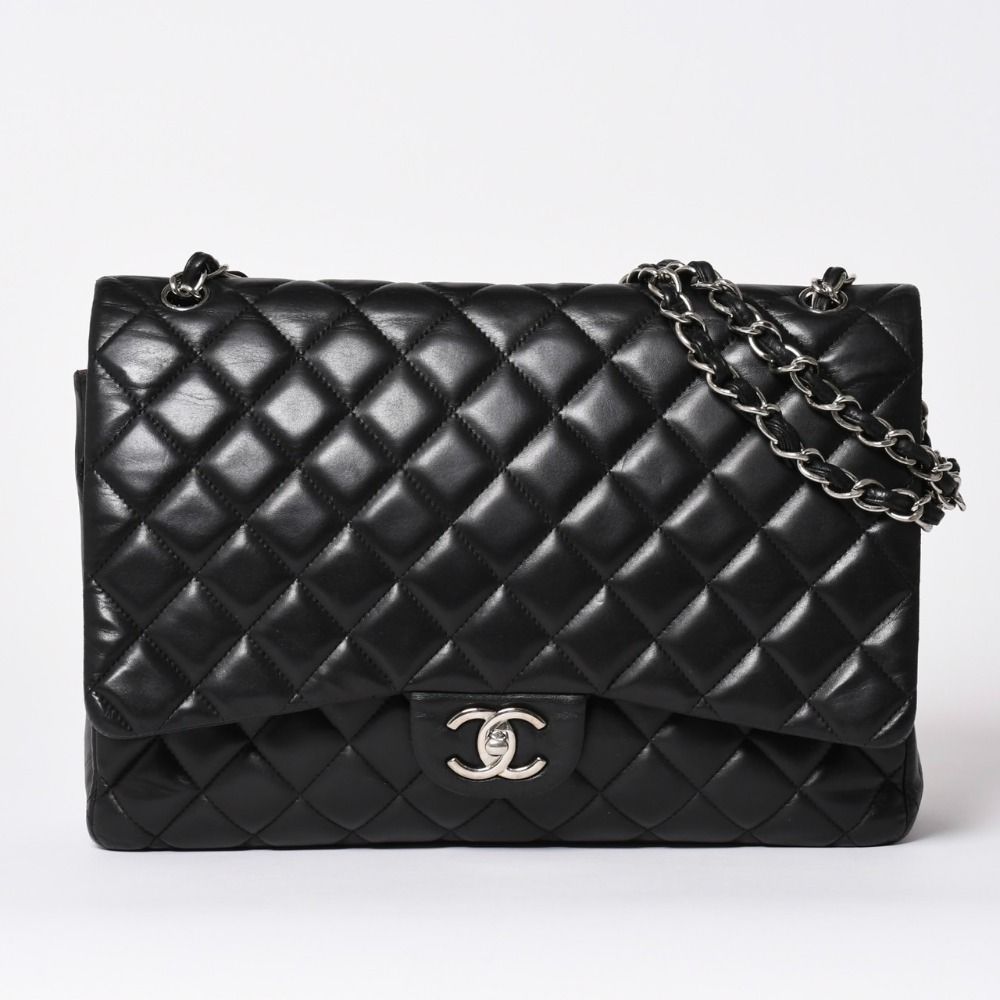 CHANEL シャネル デカマトラッセ33 Wフラップ Wチェーンショルダーバッグ ココマーク カーフスキン ブラック シルバー金具 美品 中古 4a002396