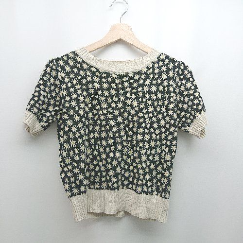 ◇ ABITOKYO アビトーキョー カジュアル 花柄 リブ 総柄 半袖 ニット サイズF ブラック/クリーム レディース E 【1308290002360】
