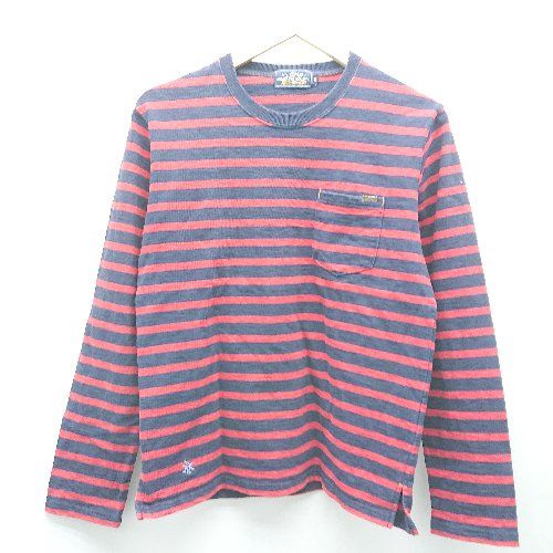 ◇ AUTHENTIC クルーネック 胸ポケット ボーダー柄 ストレッチ シンプル 長袖 カットソー サイズM レッド レディース E 【1308290005293】