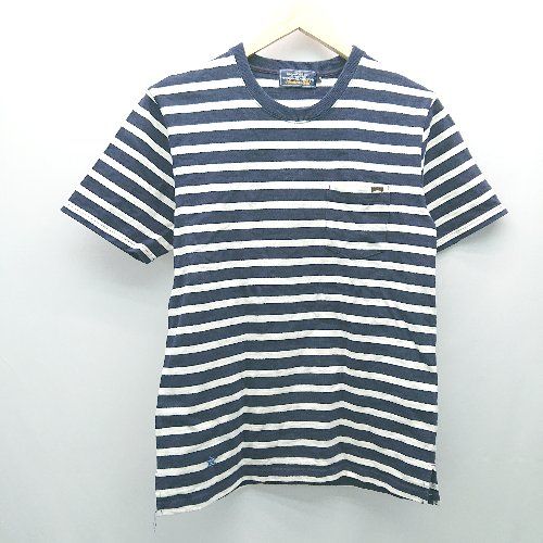 ◇ AUTHENTIC クルーネック 胸ポケット ボーダー柄 ストレッチ シンプル 半袖 カットソー サイズM ネイビー レディース E 【1308290005286】