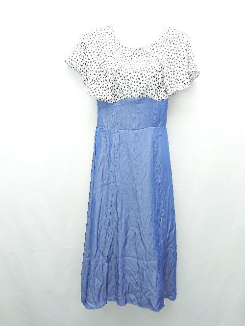 ◇ w closet 切り返し ウエストゴム 裏地 ドット柄 薄手 ノースリーブ ひざ丈 ワンピース サイズF ブルー レディース E 【1308290005132】