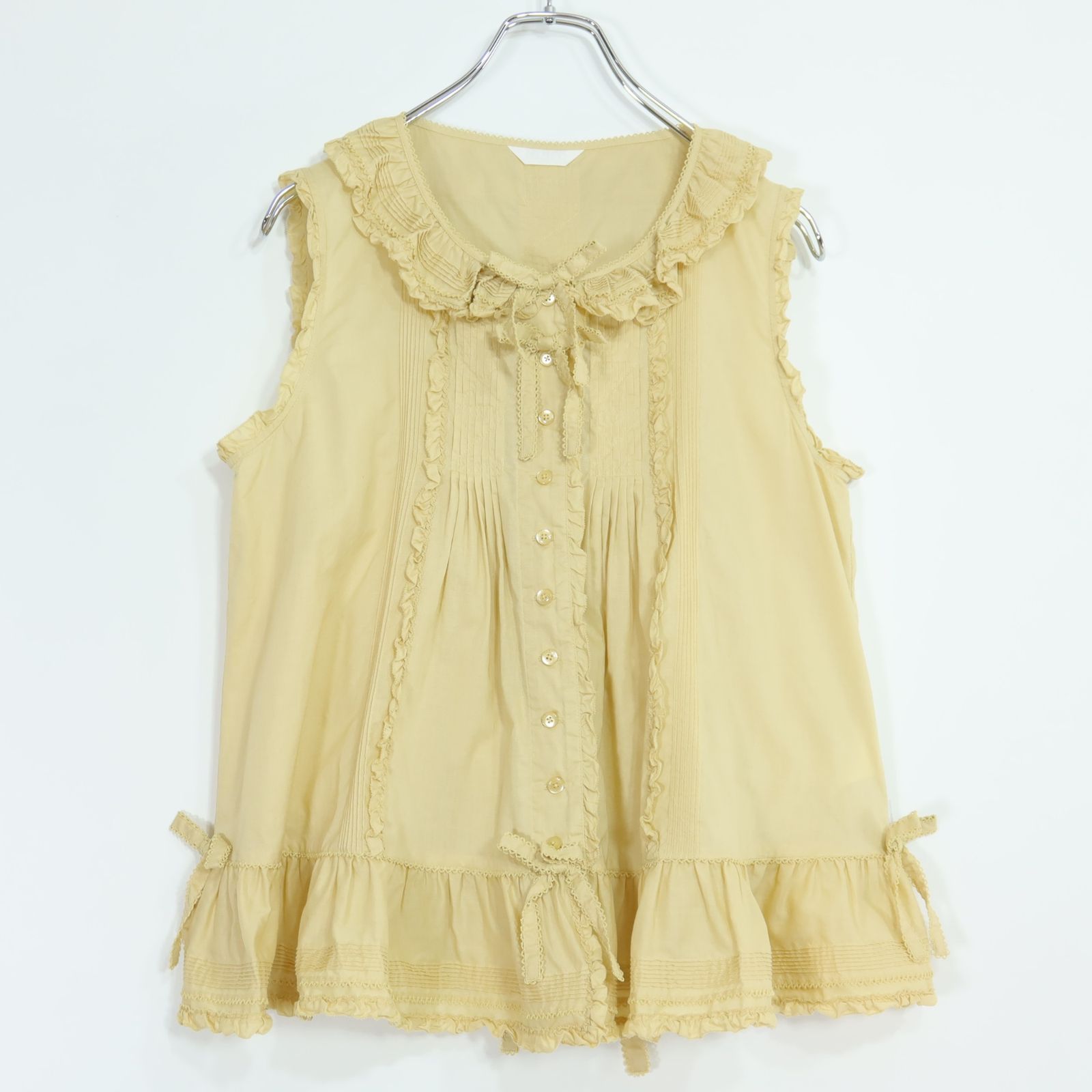 【美品】ピンクハウス★フリル使いブラウス 綿ローン イエロー系 前開き 揺れるリボン♪無地 薄手 z20053