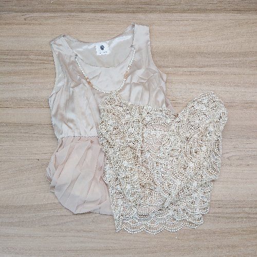 ◇ ◎ Bou Jeloud 総レース プリーツ サイドジップ ワンピース ボレロ サイズ38 ベージュ/アイボリー レディース E 【1308290039984】