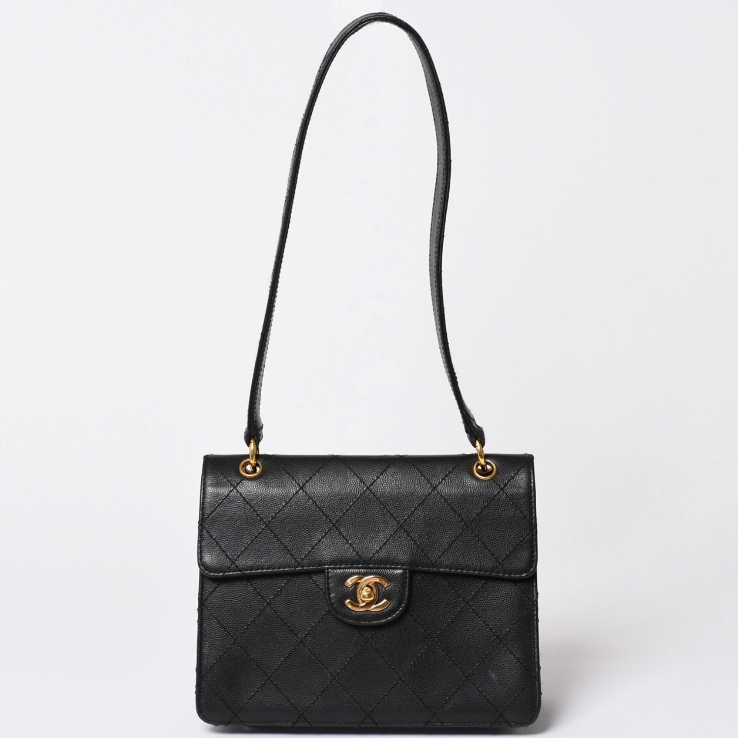 CHANEL シャネル マトラッセ ワンショルダーバッグ 5番台 ココマーク キャビアスキン キルティング ブラック ゴールド金具 美品 中古 4a002384