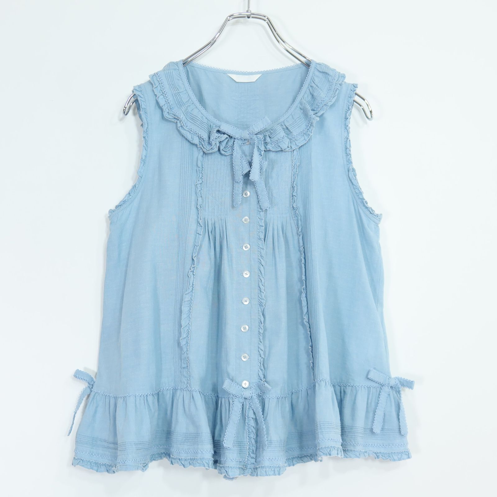 【美品】ピンクハウス★フリルたっぷり♪ブラウス 水色系 前開き リボン♪薄手 無地 z20054