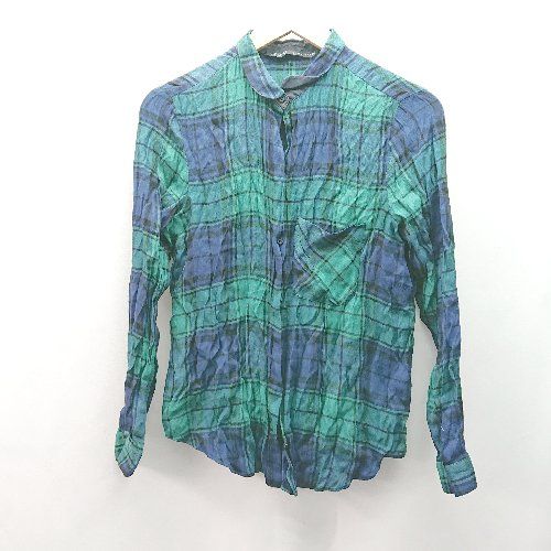 ◇ ZARA BASIC ザラ ベーシック チェック柄 薄手 胸ポケット 長袖 シャツ サイズM グリーン レディース E 【1309040001954】