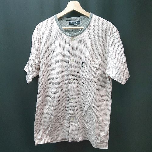 ◇ Aquascutum ランドネック 総柄 胸ポケット 半袖 カーディガン サイズM レッド メンズ E 【1309040001862】
