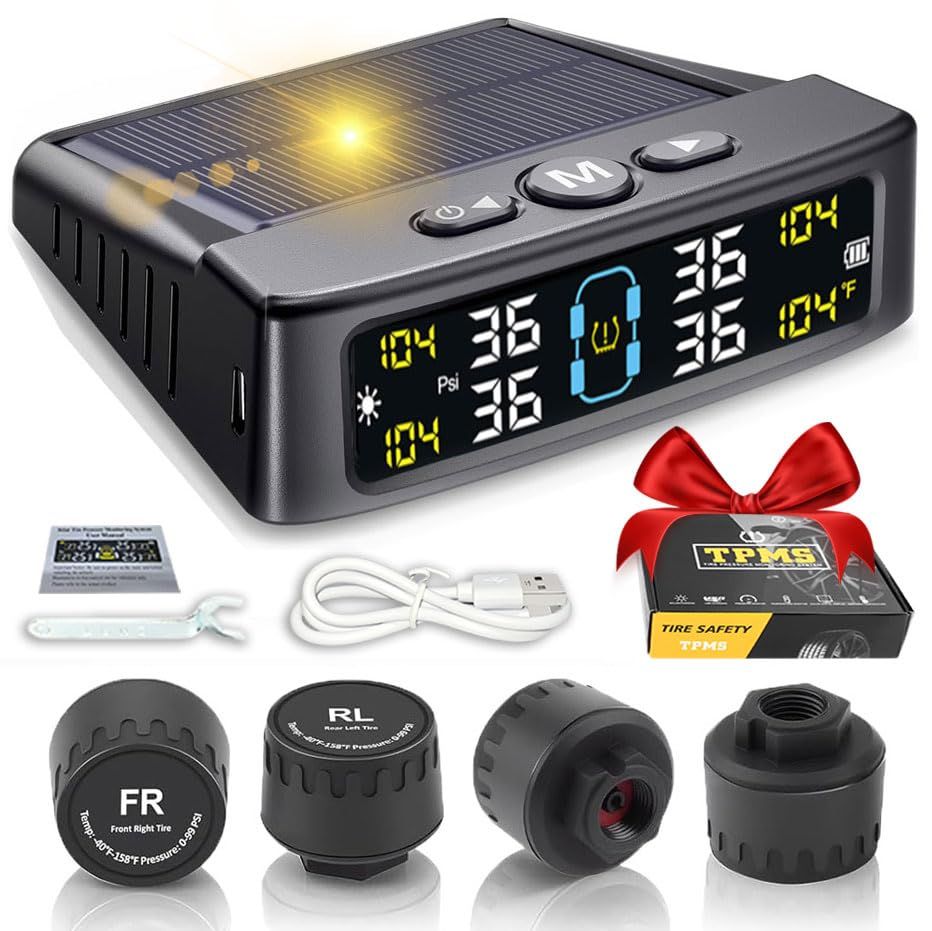 【2026新登場】タイヤ空気圧モニタリングシステム ワイヤレス TPMS タイヤ空気圧モニターシステム 4つの外部センサー&5つのアラームモード、LCDリアルタイム表示、オートスリープモード、取り付け簡単、ソーラー+USB充電器 (T12-2 61760ac5