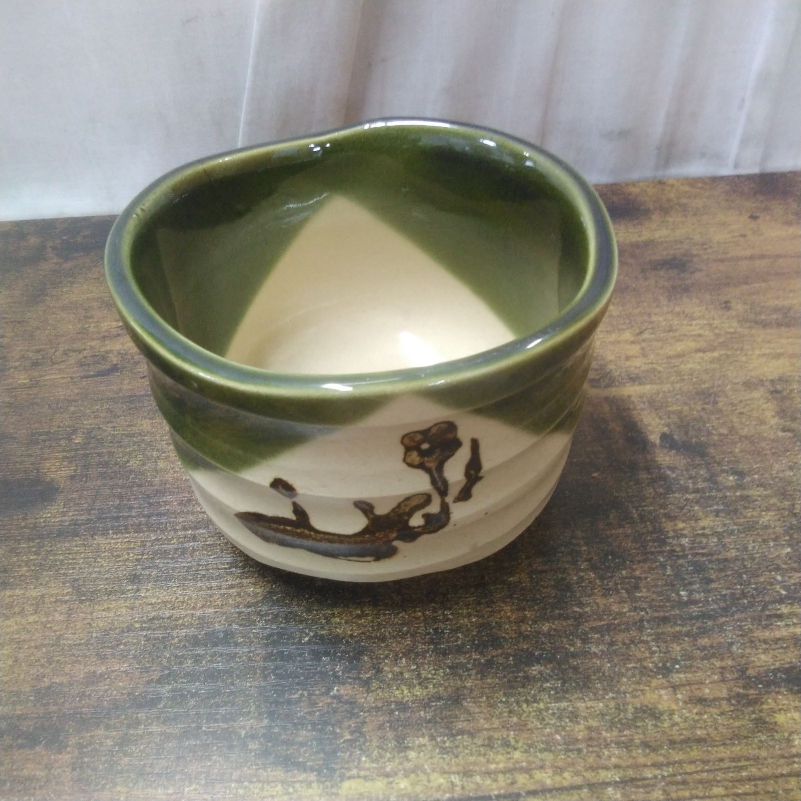 抹茶碗 織部焼 市川染五郎絵付 織部抹茶碗 未使用品 箱付 長期保管品