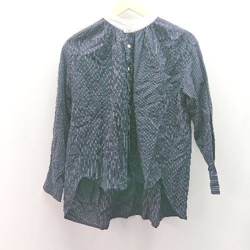 ◇ SHORT CUT FOR MARKS フロントボタン ストライプ柄 胸ポケット 長袖 シャツ ブラウス サイズ2 ネイビー レディース E 【1309040032286】