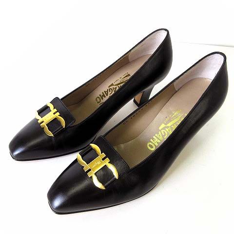 サルヴァトーレフェラガモ Salvatore Ferragamo パンプス ガンチーニ ビット 金具 本革 カーフ レザー 5.5 D 黒 ブラック ゴールド 22.5cm くつ 靴 シューズ 美品 イタリア製