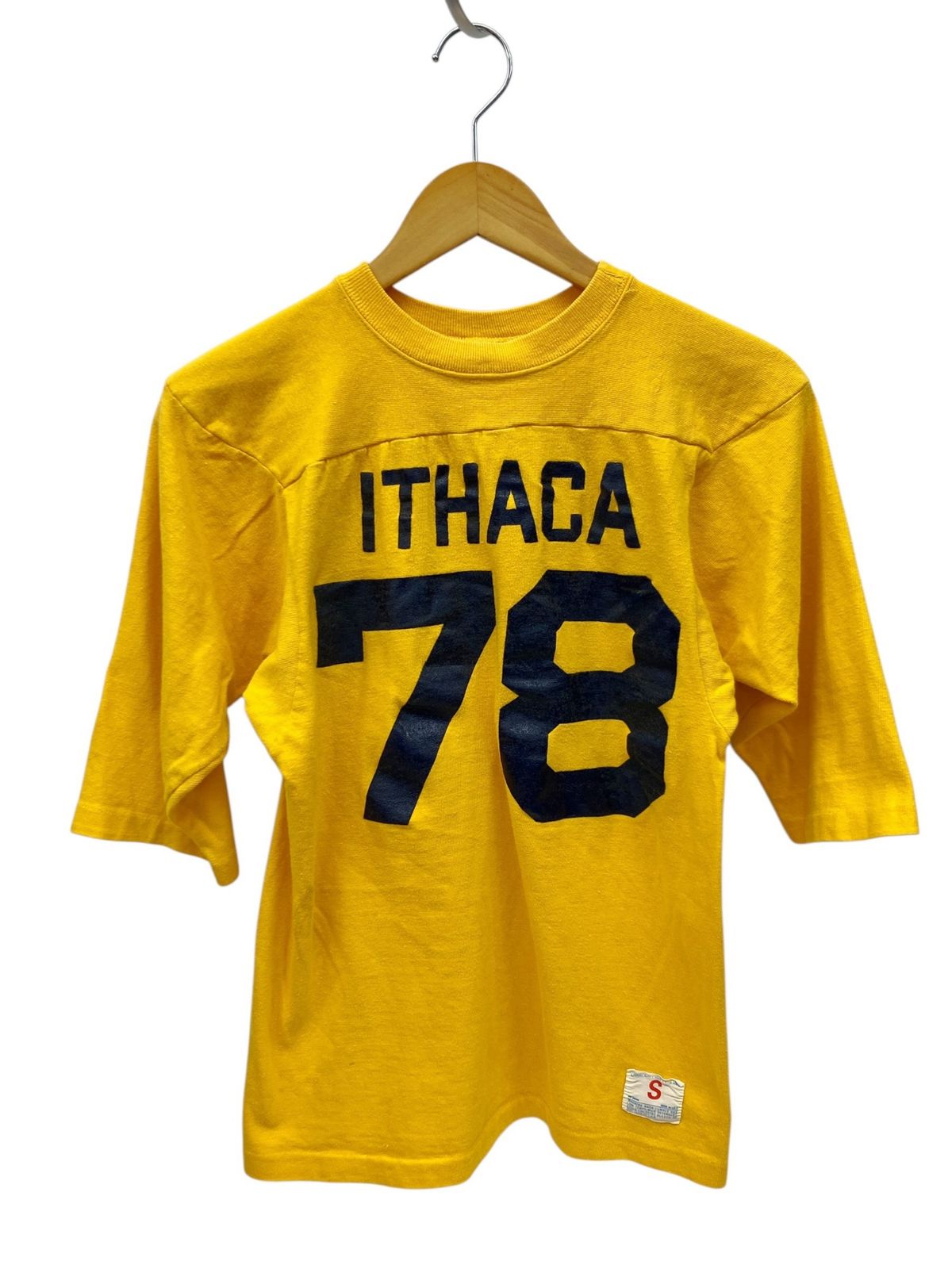 Champion (チャンピオン) USA製 70s 古着 ビンテージ バータグ フットボールTシャツ F/B #78ナンバリング ITHYACA 七分丈 S イエロー メンズ/028