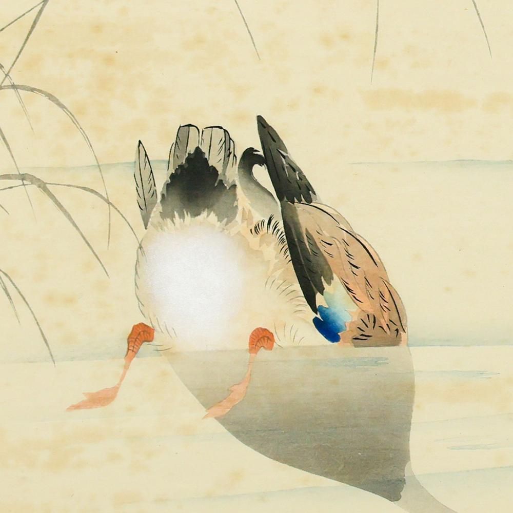 真作】【WISH】小原古邨「鴨」木版画 〇海外高評価花鳥画絵師 日曜