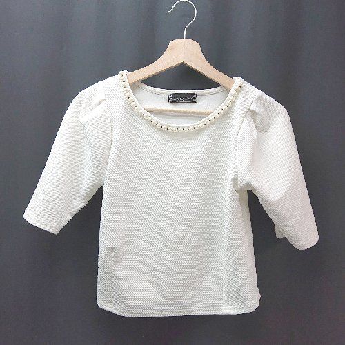 ◇ Drea my minX 凹凸生地 パール飾り きれい系 おしゃれ 半袖 カットソー サイズM ホワイト レディース E 【1309040097346】