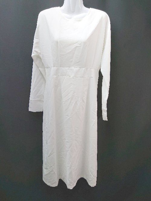 ◇ ◎ ●未使用● CLEA バックジップ Uネック ストレッチ スリット 長袖 ひざ丈 ワンピース サイズF ホワイト レディース E 【1309250003298】