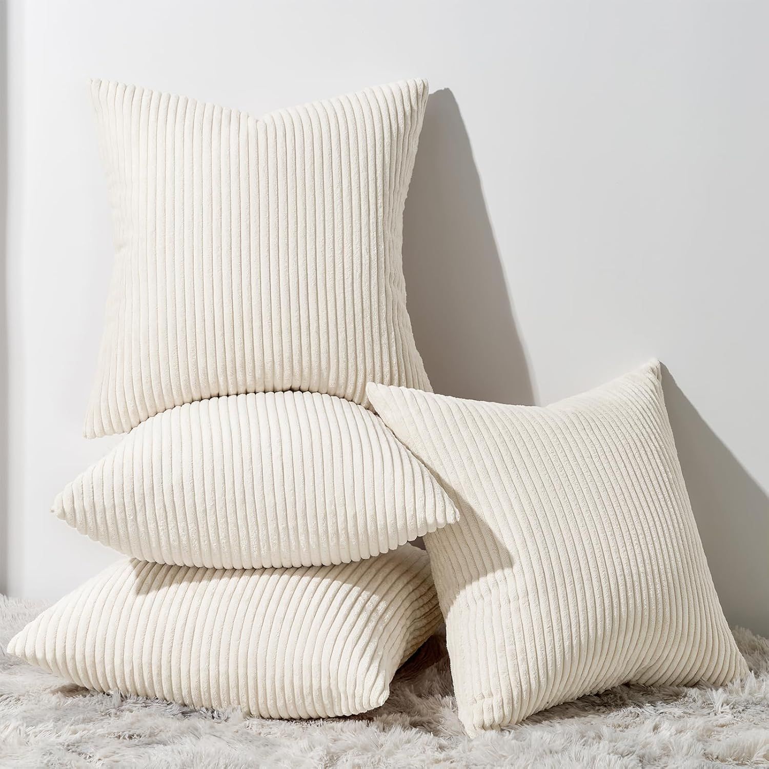 新品 Topfinel クッションカバー 60×60cm 4枚セット コーデュロイ 無地 おしゃれ 北欧 洗える ふわふわ 隠れるファスナー ストライプ ソファー用背当て 装飾枕カバー クレーム