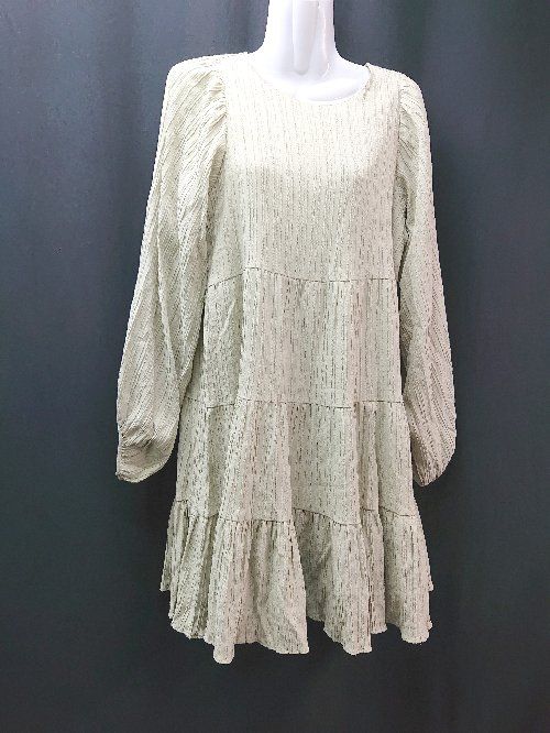 ◇ mystic ワンピース ノーカラー ティアード かわいい 長袖 チュニック サイズF ライトグリーン レディース E 【1310050016104】