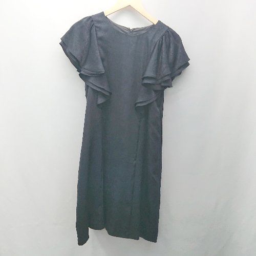 ◇ BEAMS HEART バックジップ ノーカラー ラウンドネック 裏地あり 半袖 ひざ丈 ワンピース サイズ1 ブラック レディース E 【1310050015817】