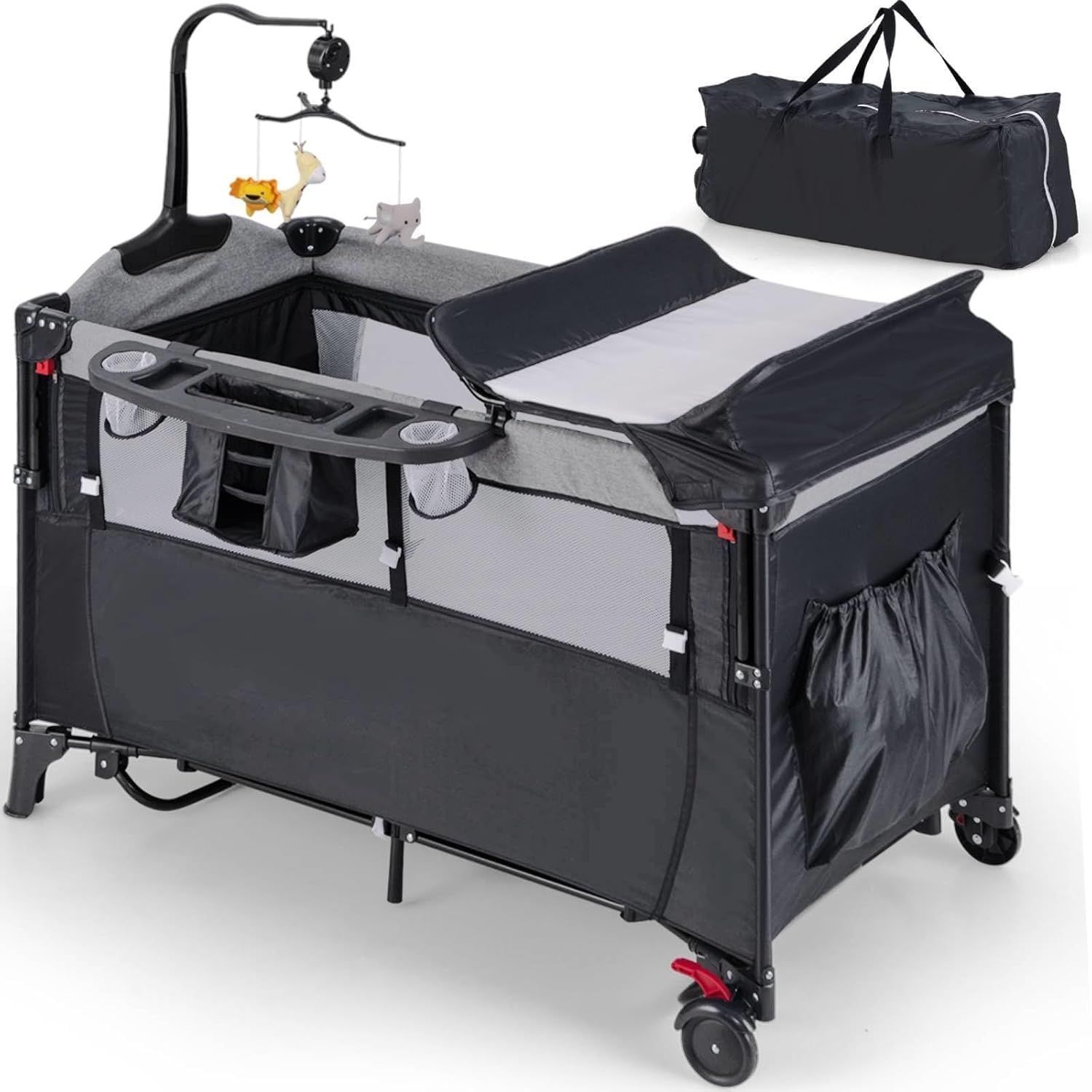 ☆新品☆ベビーベッド 折りたたみ式 5-in-1 多機能 添い寝ベッド兼用 おむつ交換台付き ベビークレードル機能 プレイヤード & ベビーサークル機能 4 段階高さ調節 高機動性自在キャスター 工具不要簡便組立て 長期使用可能 出産祝いプレ b67ea1fb