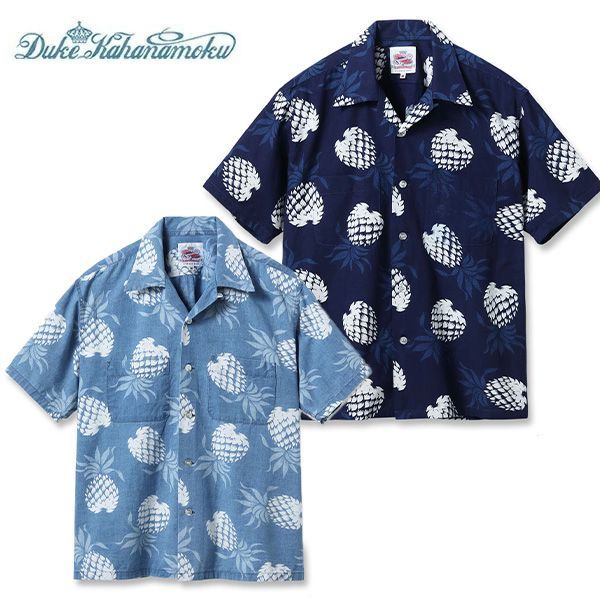 デューク・カハナモク【DUKE KAHANAMOKU】DK39641 DUKE KAHANAMOKU INDIGO COTTON HAWAIIAN SHIRT “DUKE'S PINEAPPLE” シャツ 半袖 アロハシャツ パイナップル インディゴ メンズ