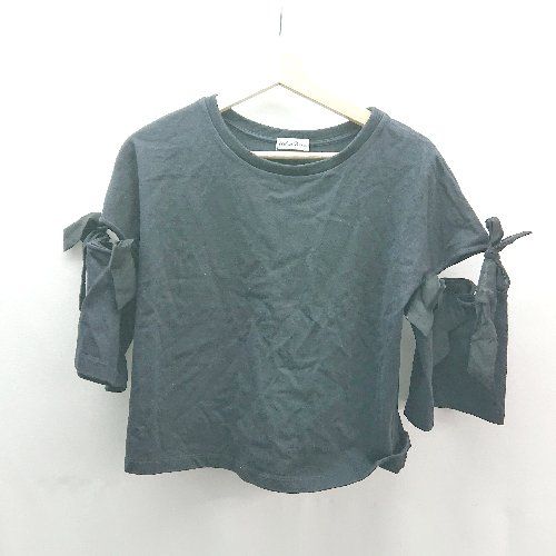 ◇ URBAN RESEARCH アーバンリサーチ Uネック リボン 切れ込み ストレッチ 半袖 カットソー サイズF ブラック レディース E 【1310050034207】