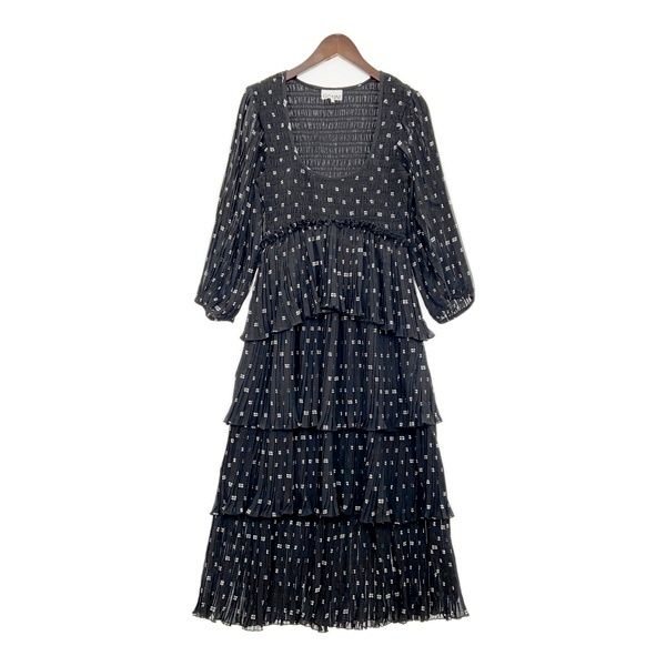 GANNI ガニー ティアードワンピース ロング プリーツ 長袖 F8831-099 Uネック ドレス レディース サイズ36 ブラック トップス IL18873■