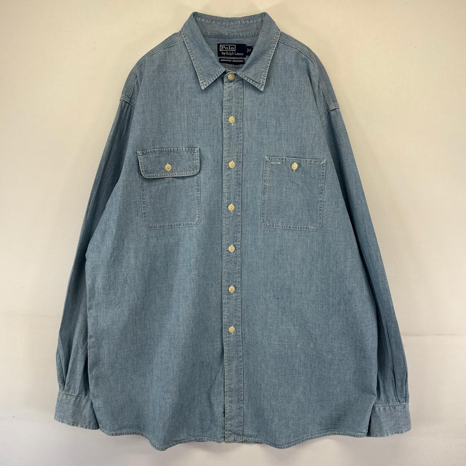 古着 ポロバイラルフローレン Polo by Ralph Lauren デニム 長袖シャツ ダンガリーワークシャツ シャンブレー 胸ポケ XL ブルー系 メンズ
