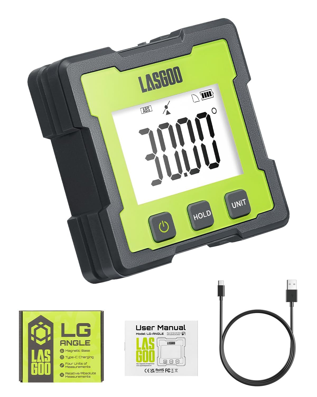 LASGOO デジタル角度計、充電式角度ゲージ、LCDディスプレイ付き磁気傾斜計、木工、テーブルソー、建設、金属加工用の4つの測定単位(沖縄・離島の方発送不可)) 75395336
