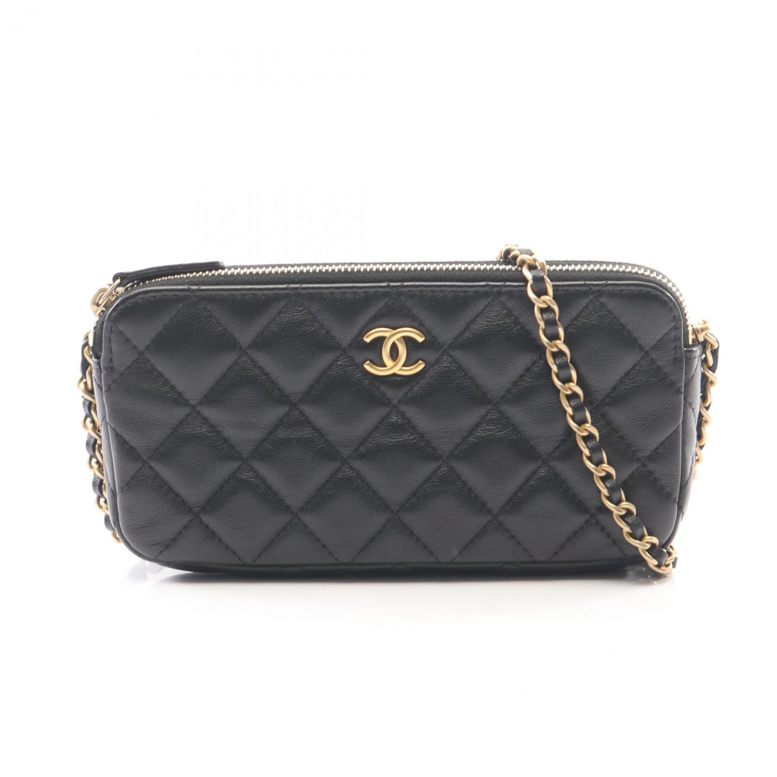 シャネル CHANEL ショルダーバッグ マトラッセ ブラック ラムスキン（羊革） マトラッセ Wジップ チェーンウォレット レディース Used A