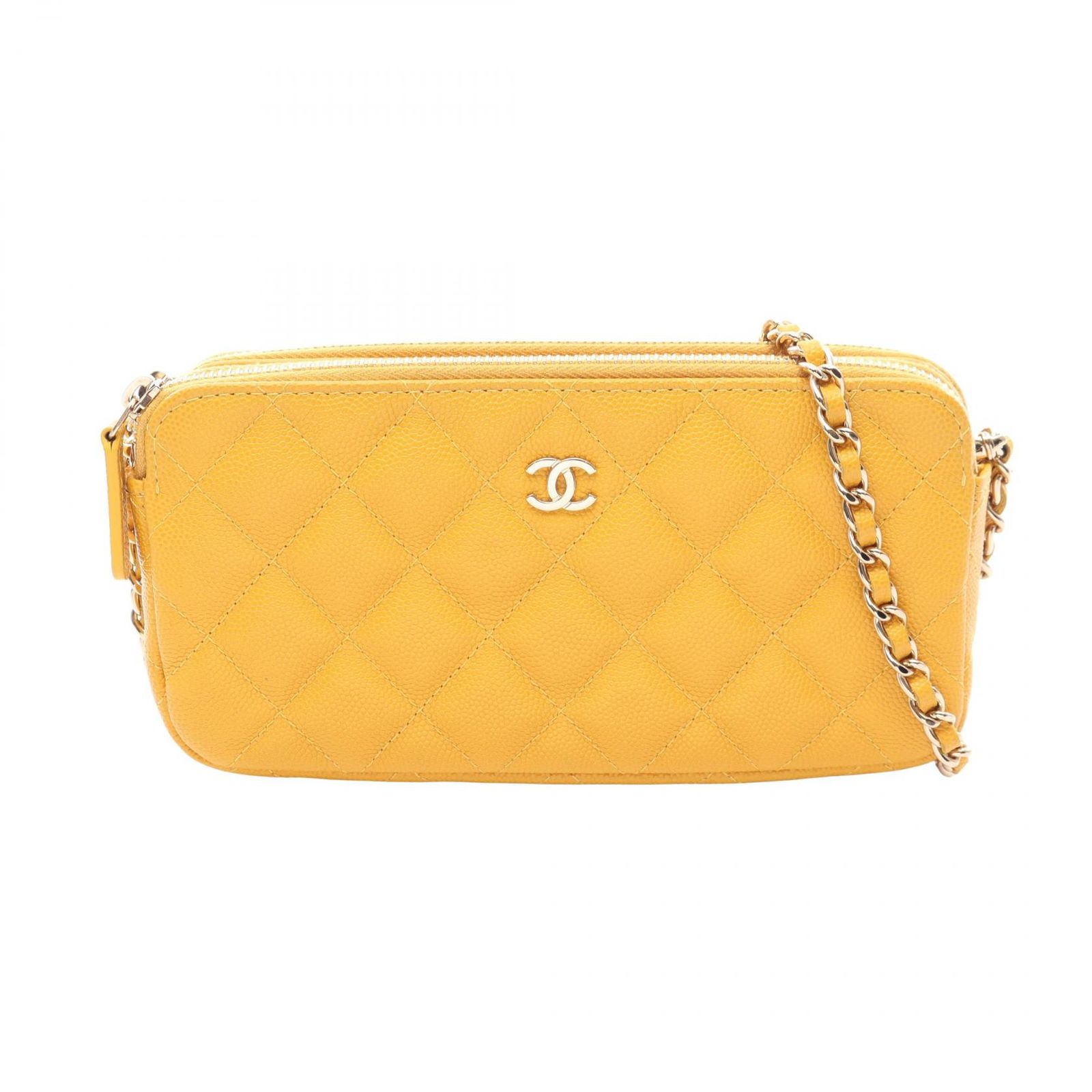 シャネル CHANEL ショルダーバッグ マトラッセ イエロー キャビアスキン(グレインドカーフ) マトラッセ Wジップ チェーンウォレット レディース Used A