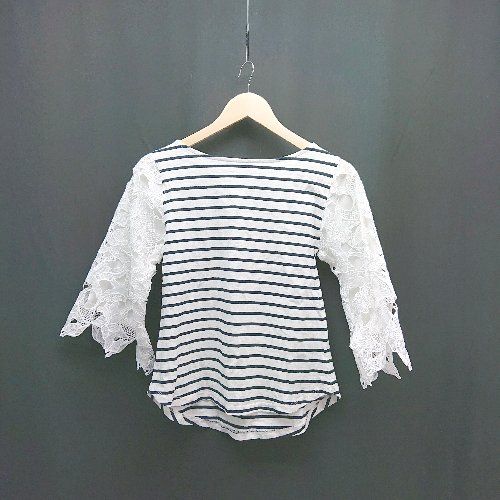 ◇ GLOBAL WORK クルーネック ボーダー柄 メッシュ生地 カジュアル 七分袖 Tシャツ サイズS ホワイト レディース E 【1310130021523】